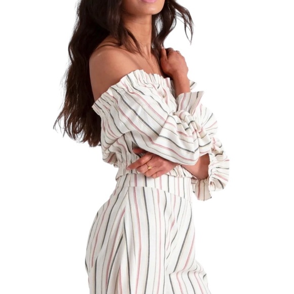 Billabong Off The Shoulder Top Small Cropped Striped 100% Cotton Sun Faded Look - Picture 5 of 16